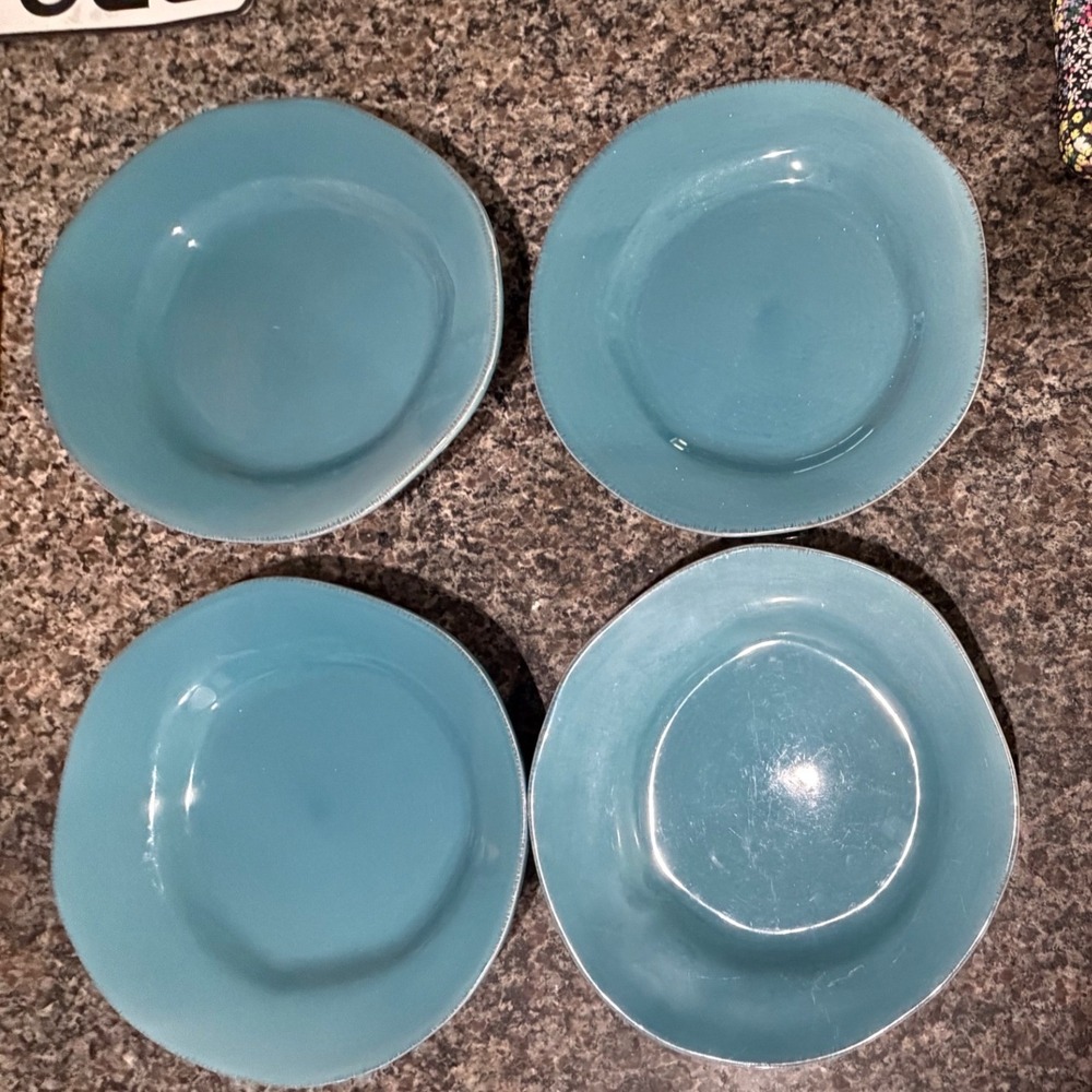 Pier 1 Elemental Aqua Blue Stoneware Dinner Plates Set of 4 Brown Rim 10.75"